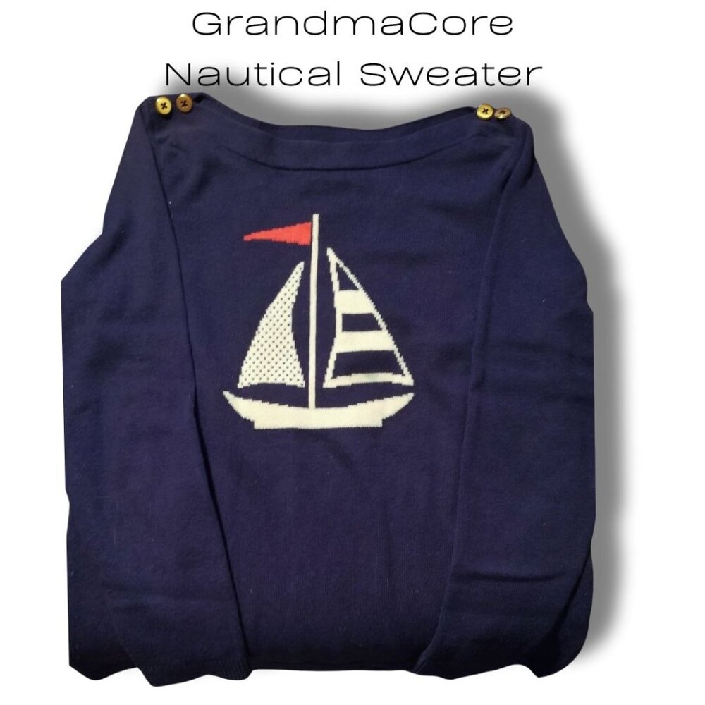 Charter Club Nautical Sailboat Sweater M Navy Blue Gold Button Coastal Preppy